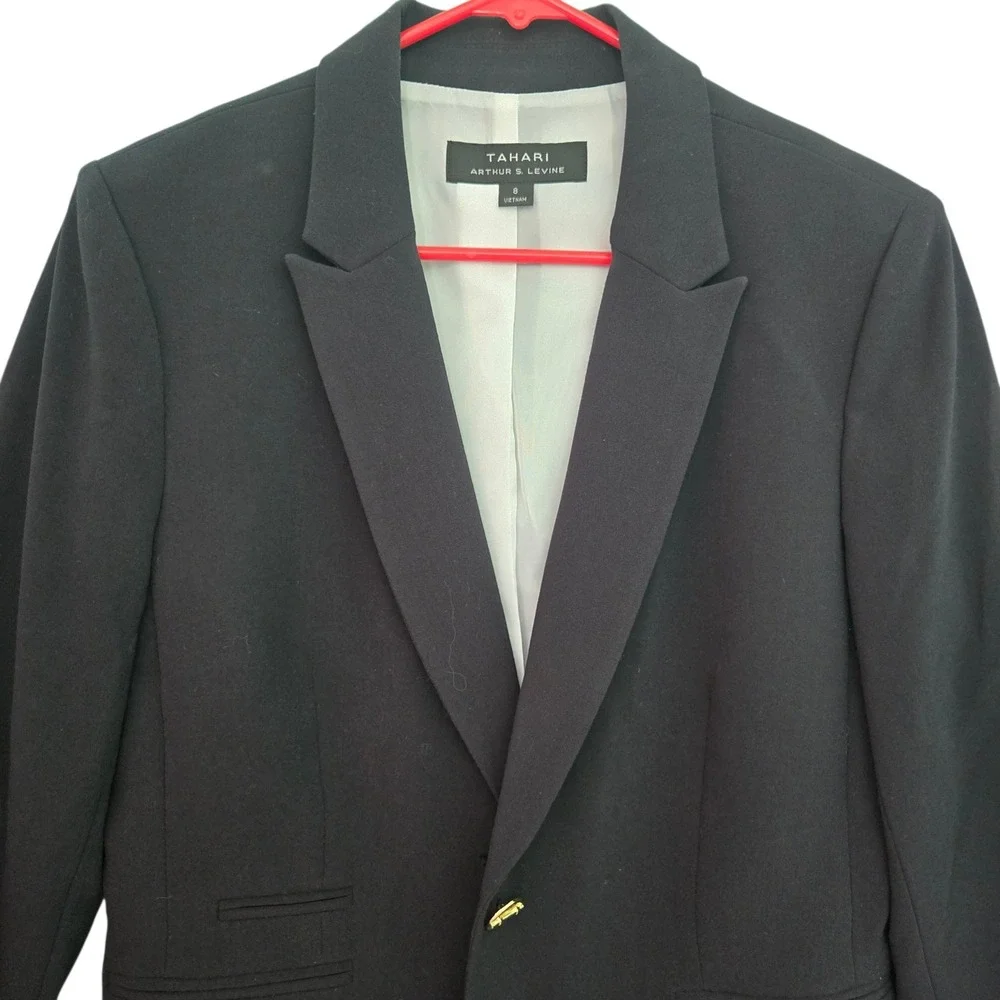 Tahari Arthur S Levine Womens Black Single Button Blazer Career Academia‎ Size 8